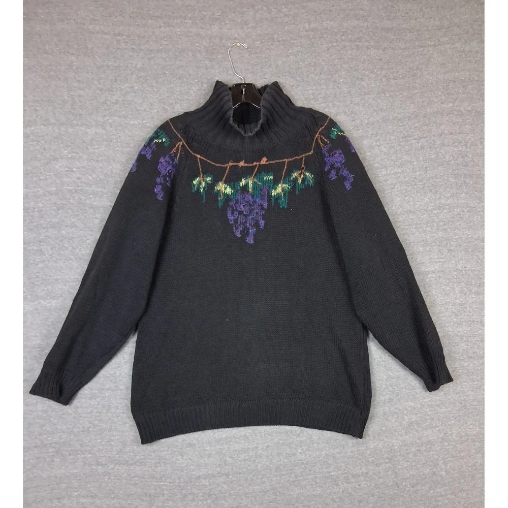 Cambridge Womens Sweater Large Black Grape Vine Embroidered Turtleneck VTG‎